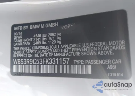 2015 BMW M4 z USA, uszkodzony, nr VIN WBS3R9C53FK331157